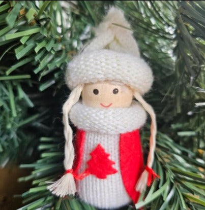 Scandi Wooden and Felt Christmas Decoration - White Hat Angel with Plaits