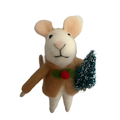 Felted mouse holding Christmas Tree