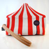 Red circus tent with seal back view