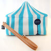 Blue circus tent with elephant back view