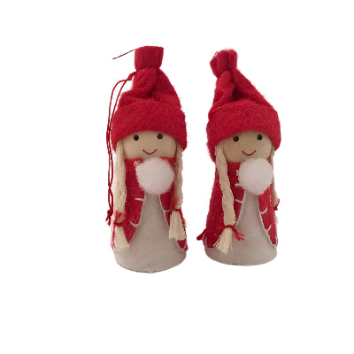 Two Christmas angel figures with red hats and white pom pom details, set against a white background.