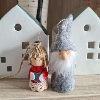 Scandi Wooden and Felt Elf Christmas Decoration - Grey Elf