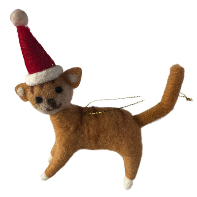 Brown felted cat Christmas ornament with a red Santa hat