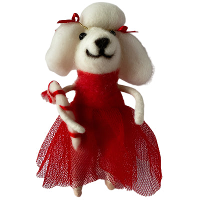 Christmas tutu wearing poodle with candy cane