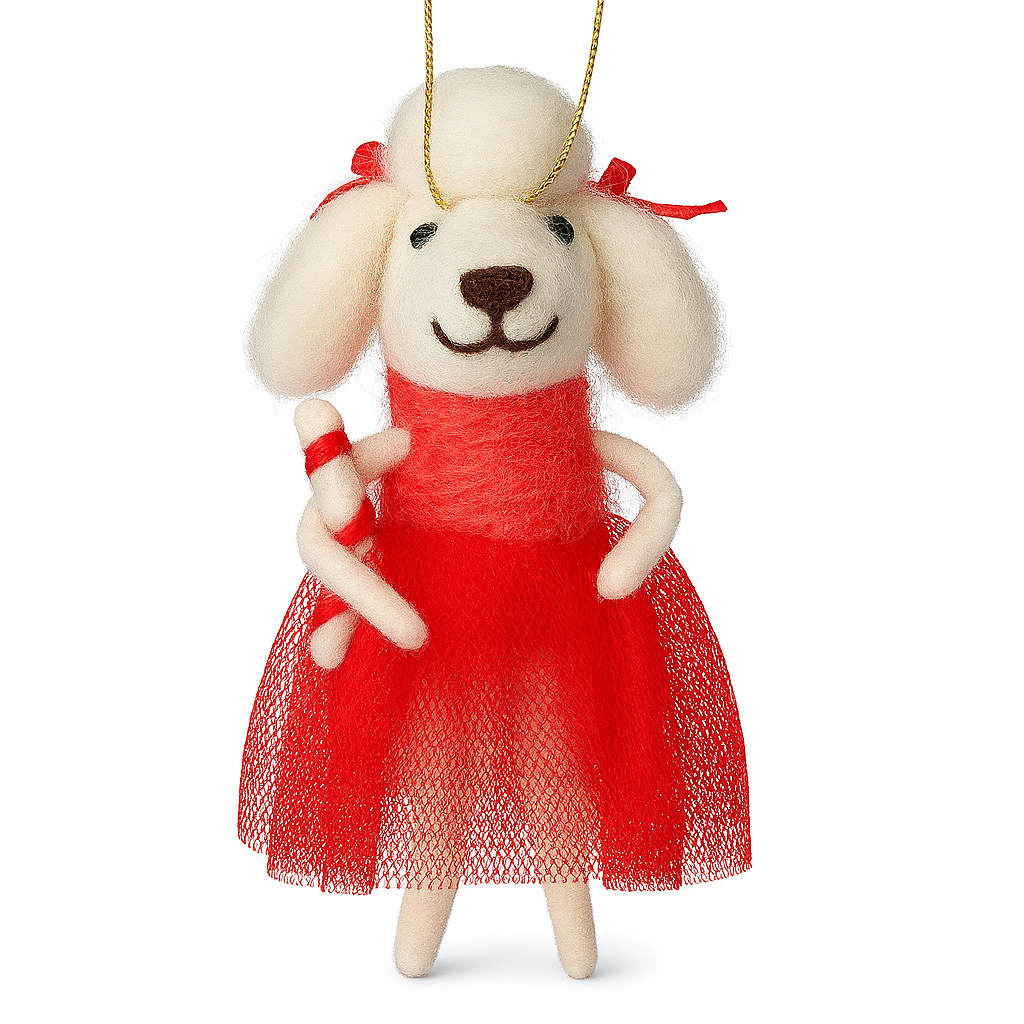 Christmas Felted Decoration - Poodle in red tutu and candy cane