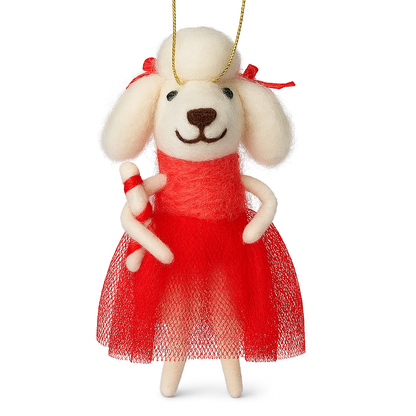 Christmas Felted Decoration - Poodle in red tutu and candy cane