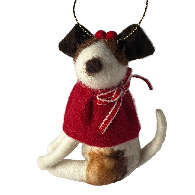 Small dog figurine wearing a red outfit with a black top hat on a light gray background