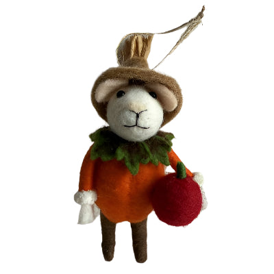 Felted animal toy mouse in an orange pumpkin with a red apple ready for Halloween 