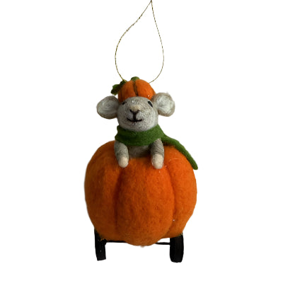 Decorative Halloween mouse ornament in a bright orange pumpkin cart