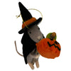 Felted Halloween animal ornament with pumpkin hat on a white background