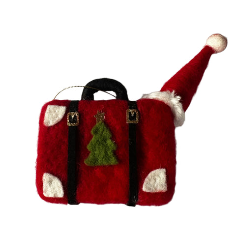 Red felted suitcase with a santa hat and black buckle 