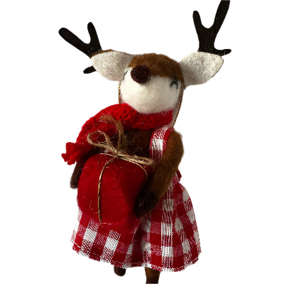 Small reindeer figurine with a red scarf and checkered cape on a light gray background