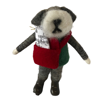 Felted Schnauzer dog with a red coat and striped scarf on a light gray background