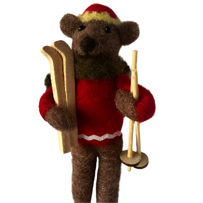 Felted Christmas Decoration bear holding wooden ski in a red felted sweater