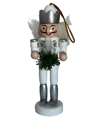 Decorative nutcracker ornament with a white base and silver body on a white background