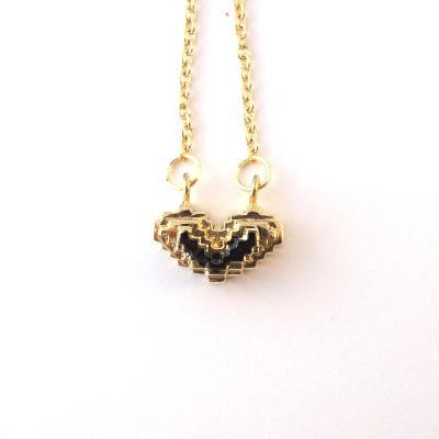 Gold with black crochet styled heart necklace with silver chain