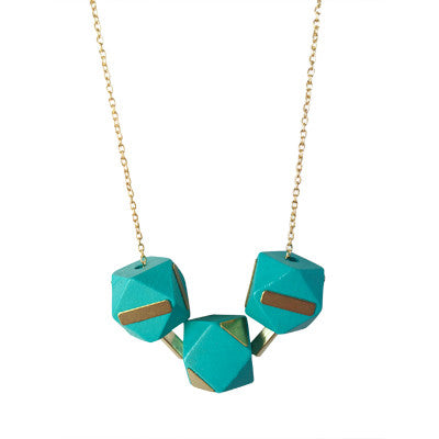 Turquoise and brass wooden geometric bead necklace