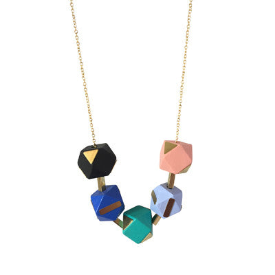 Mixed colours brass and geometric wooden beads necklace